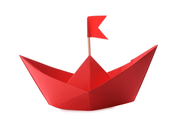 Barca Carta Rossa Fatta Mano Con Bandiera Isolata Bianco Origami — Foto Stock