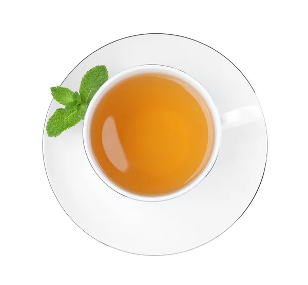 Чашка Ароматного Зеленого Чая Свежей Мятой Белом Фоне Вид Сверху — стоковое фото