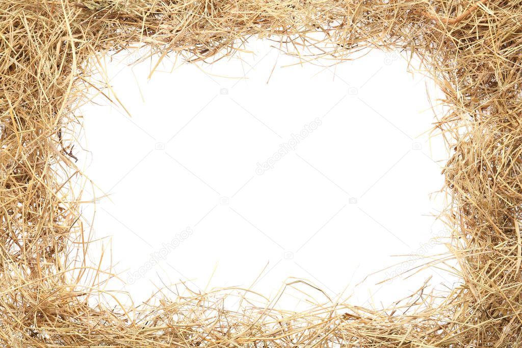 Frame made of dried hay on white background, top view. Space for text