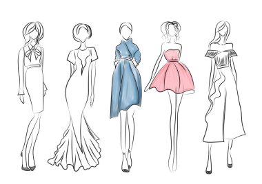 Moda skeci. Beyaz arka planda şık kıyafetler giyen mankenler, illüstrasyon
