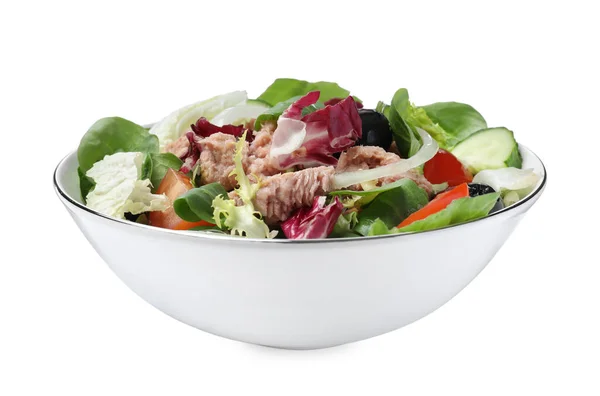 Schaal Van Heerlijke Salade Met Ingeblikte Tonijn Groenten Witte Achtergrond — Stockfoto