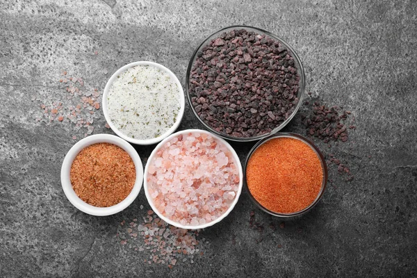 Different Kinds Salt Grey Table Flat Lay — Stock Photo, Image