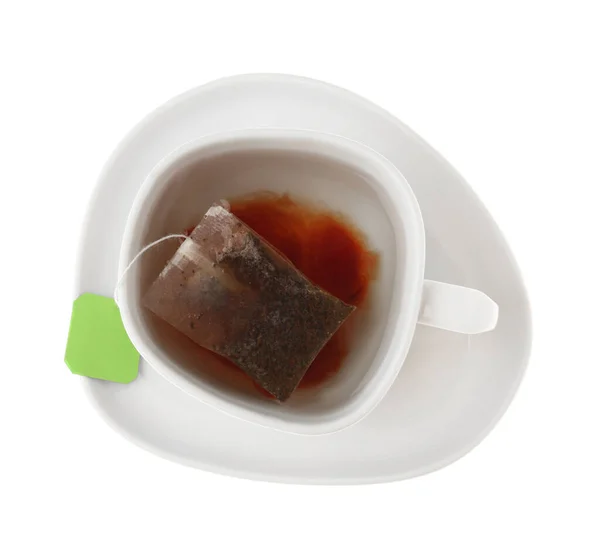 Sıcak Dolu Bir Fincan Çay Poşeti Beyaz Üst Manzara Izole — Stok fotoğraf