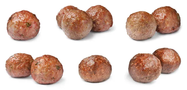 Set Med Välsmakande Kokta Köttbullar Vit Bakgrund Banderolldesign — Stockfoto