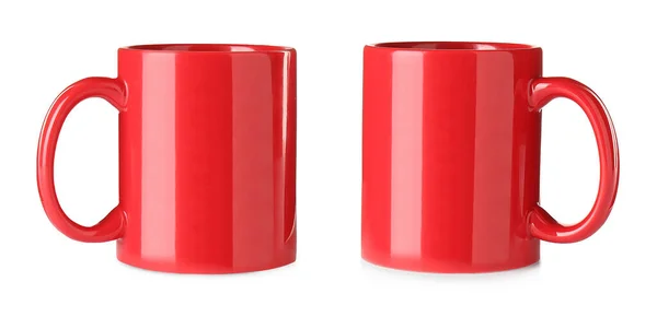 Czerwone Kubki Ceramiczne Białym Tle Kolaż Projekt Banera — Zdjęcie stockowe