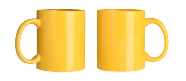 Canecas Cerâmica Amarela Fundo Branco Colagem Design Banner — Fotografia de Stock