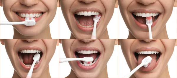 Beyaz Arka Planda Dişlerini Fırçalayan Kadın Fotoğraflarıyla Kolaj Yakın Plan Stok Fotoğraf