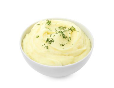 Beyaz üzerine izole edilmiş taze ev yapımı patates püresi ile kase.