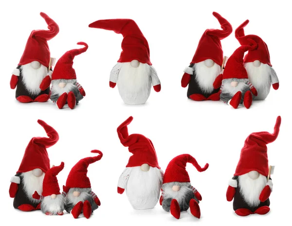 Ensemble Avec Des Gnomes Noël Drôles Sur Fond Blanc — Photo