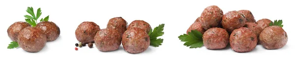 Set Tasty Cooked Meatballs White Background Banner Design — Stock Photo, Image
