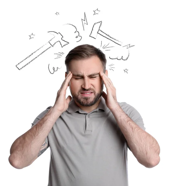 Young Man Having Headache White Background Illustration Hammers Representing Severe — Stock Photo, Image