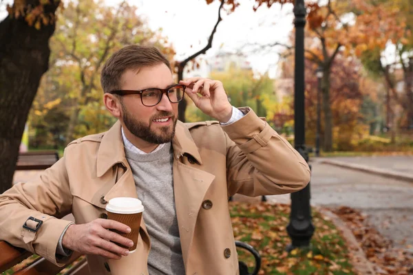 Handsome Man Wearing Stylish Clothes Cup Coffee Autumn Park — Stock Photo, Image