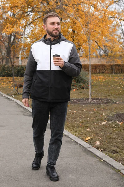 Handsome Man Wearing Stylish Clothes Cup Coffee Autumn Park — Stock Photo, Image