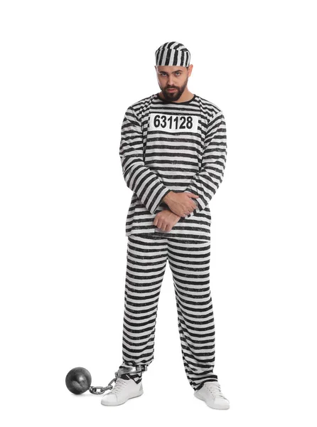 Gevangene Speciaal Uniform Met Metalen Bal Witte Achtergrond — Stockfoto