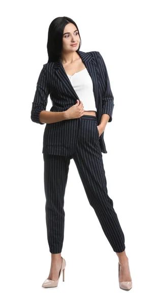 Full Length Portrait Beautiful Woman Formal Suit White Background Business — Stock Photo, Image
