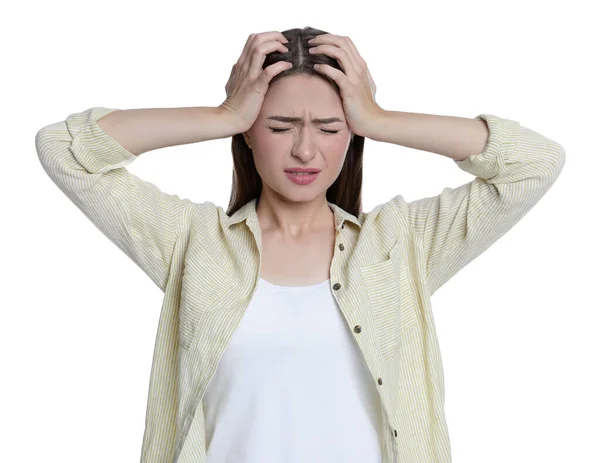 Junge Frau Leidet Unter Kopfschmerzen Auf Weißem Hintergrund — Stockfoto