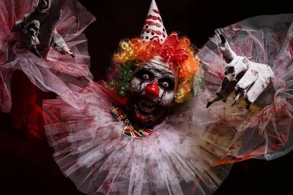 Pagliaccio Terrificante Sfondo Scuro Costume Festa Halloween — Foto Stock