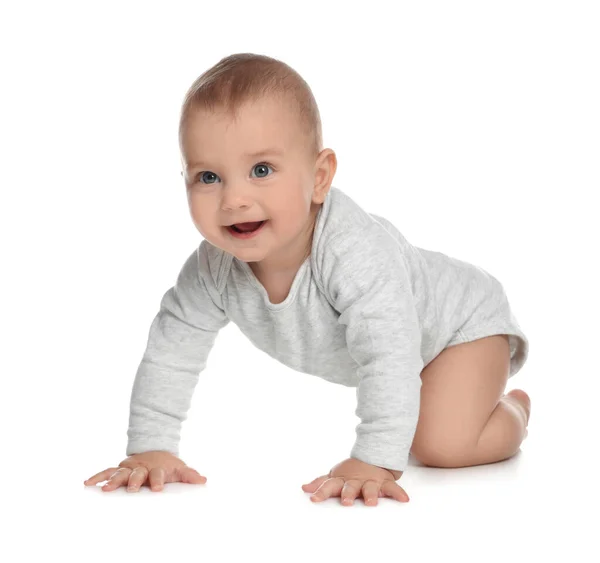 Lindo Bebé Arrastrándose Sobre Fondo Blanco — Foto de Stock