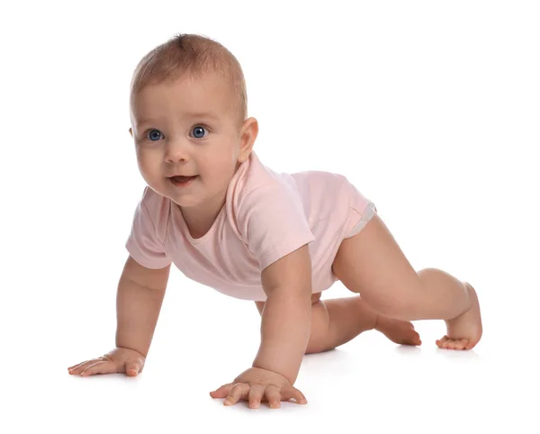 Bonito Pouco Bebê Menina Rastejando Branco Fundo — Fotografia de Stock