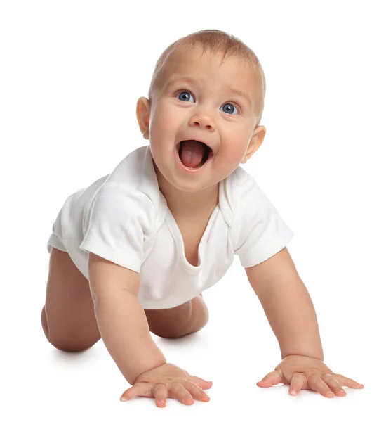 Lindo Bebé Arrastrándose Sobre Fondo Blanco —  Fotos de Stock