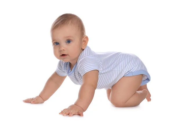 Lindo Bebé Niño Arrastrándose Sobre Fondo Blanco —  Fotos de Stock