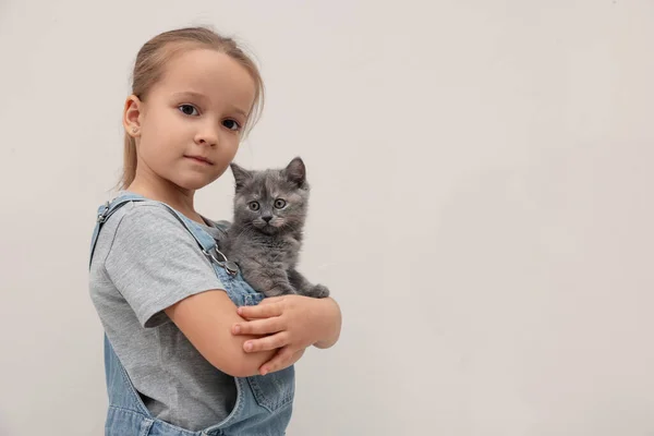 可爱的小女孩带着小猫在浅色的背景上 文字的空间 幼小的宠物 — 图库照片