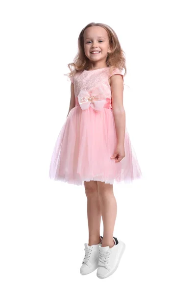 Nette Kleine Tänzerin Schönem Kleid Springt Auf Weißem Hintergrund — Stockfoto