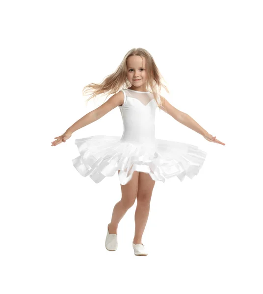 Menina Bonito Vestido Bonito Dançando Fundo Branco — Fotografia de Stock