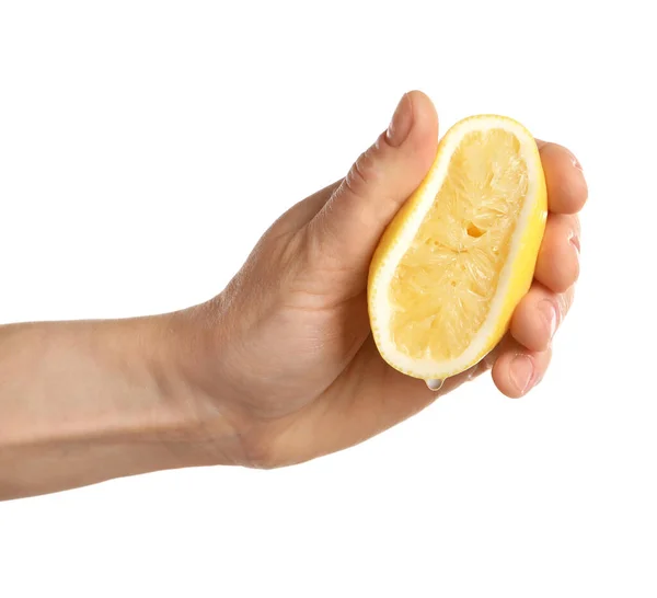 Woman Squeezing Lemon Half White Background Closeup — Stock Photo, Image