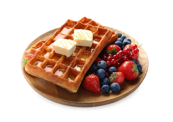 Plate Delicious Belgian Waffles Honey Berries Butter Isolated White — Stock Photo, Image