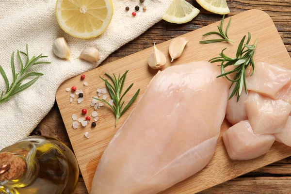 Flat Lay Composition Fresh Raw Chicken Breast Wooden Table — Stock Photo, Image