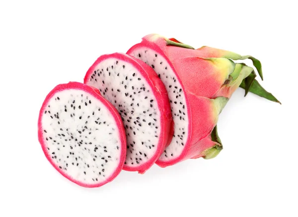 Köstliche Geschnittene Pitahaya Frucht Auf Weißem Hintergrund Draufsicht — Stockfoto