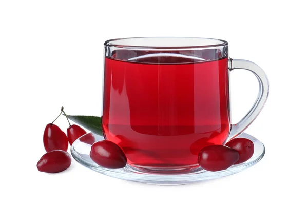 Glass Cup Fresh Dogwood Tea Berries Leaf White Background — Stock Photo, Image