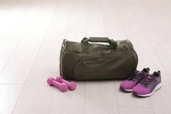 Sports Bag Gym Equipment White Floor — Stock Photo, Image