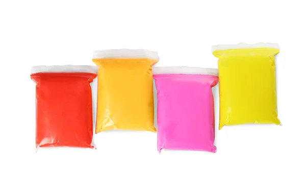 Packages Colorful Play Dough White Background Top View — Stock Photo, Image