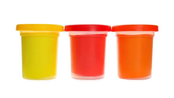 Plastic Containers Different Color Play Dough Isolated White — Stock Photo, Image