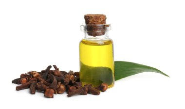 Beyaz arka planda temel yağ ve kurutulmuş karanfiller