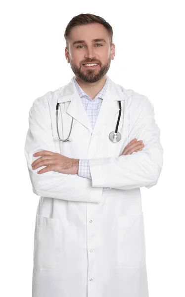 Porträt Eines Jungen Arztes Auf Weißem Hintergrund — Stockfoto