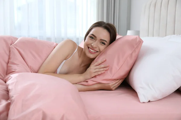 Young Woman Lying Comfortable Bed Silky Linens — Stock Photo, Image