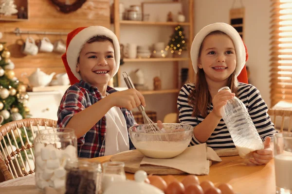 Cute Little Children Making Dough Christmas Cookies Home — Stock Photo, Image