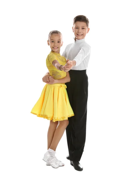Belamente Vestido Casal Crianças Dançando Fundo Branco — Fotografia de Stock