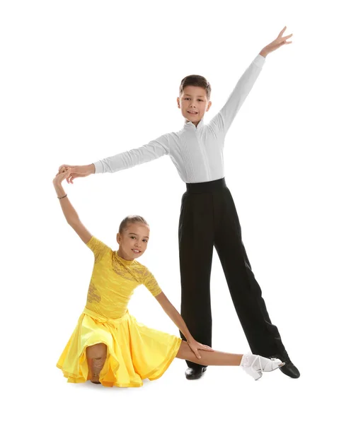 Vackert Klädda Par Barn Dansar Vit Bakgrund — Stockfoto