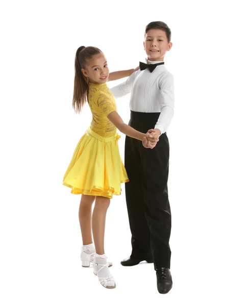 Magnifiquement Habillé Couple Enfants Dansant Sur Fond Blanc — Photo