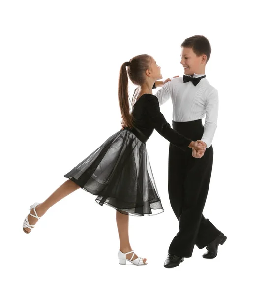 Prachtig Gekleed Paar Van Kinderen Dansen Witte Achtergrond — Stockfoto