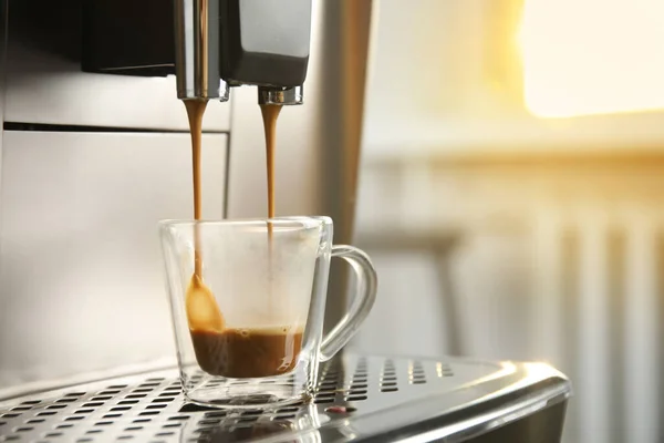 Espresso Machine Pouring Coffee Cups Blurred Background Closeup