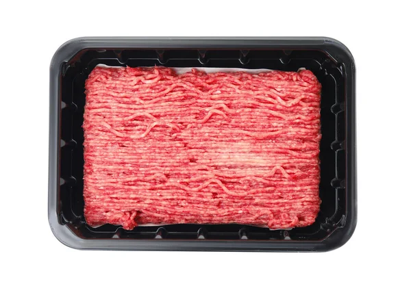 Envase Plástico Con Carne Picada Aislada Blanco Vista Superior —  Fotos de Stock