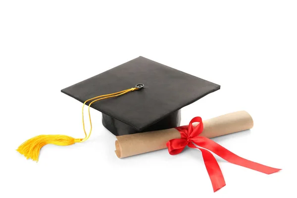 Cappello Laurea Diploma Sfondo Bianco — Foto Stock