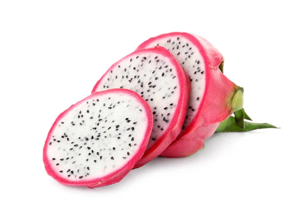 Deliciosa Fruta Pitahaya Cortada Sobre Fondo Blanco — Foto de Stock