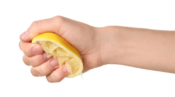 Woman Squeezing Lemon Half White Background Closeup — Stock Photo, Image