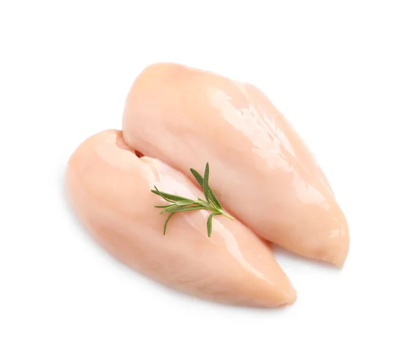 Raw Kyckling Bröst Med Rosmarin Vit Bakgrund Ovanifrån — Stockfoto